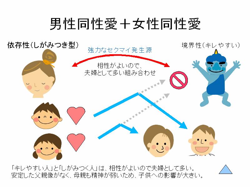 img18.gif - 同じ家族内に、男性同性愛と女性同性愛の両方が存在するケースもみられます。男の子は、父親嫌悪と母親依存の組み合わせ、女の子は、父親嫌悪から同性愛になっています。キレやすい人としがみつく人の夫婦は、セクシャル・マイノリティの親に多い組み合わせです。鬱や自殺につながりやすい、心の弱さの原因は、精神が不安定な親にあります。